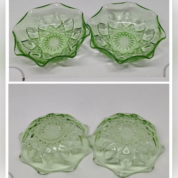 Vtg. Hazel Atlas Uranium Glass Diamond Arches Fruit Bowl With‎ 6 Berry Bowls - Picture 7 of 12